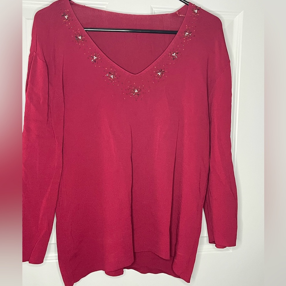 Red top with beaded accents